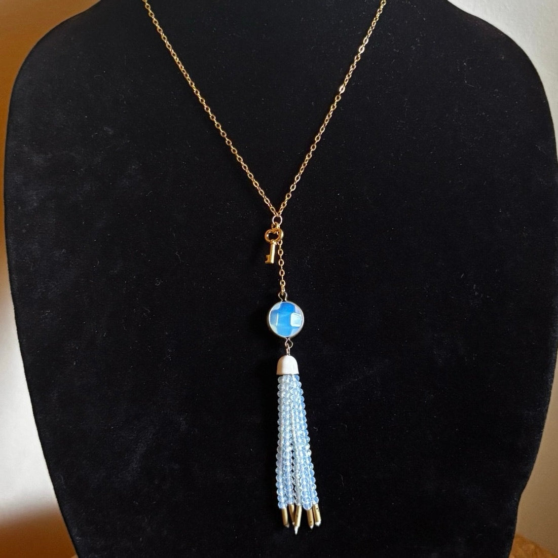 Beaded Tassel and Key Charm Gold-toned Drop Pendant Choker Necklace