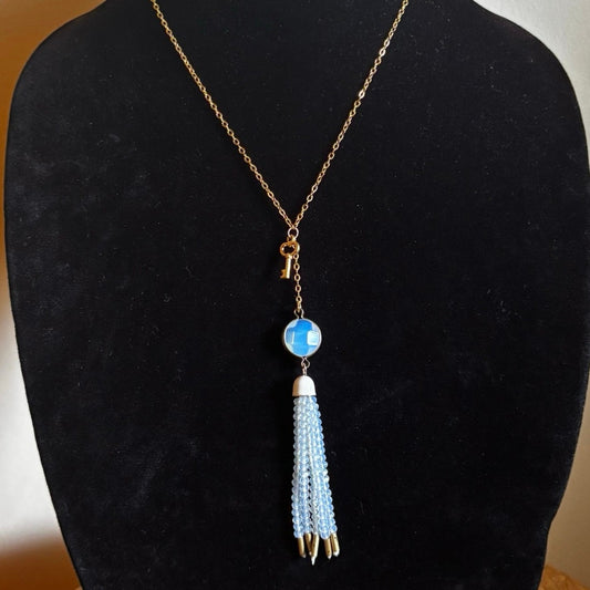 Beaded Tassel and Key Charm Gold-toned Drop Pendant Choker Necklace