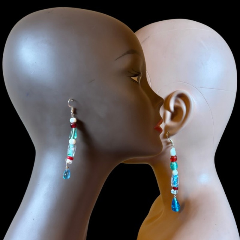 Abstract Red, White, and Blue Stacked Glass Bead Drop Earrings