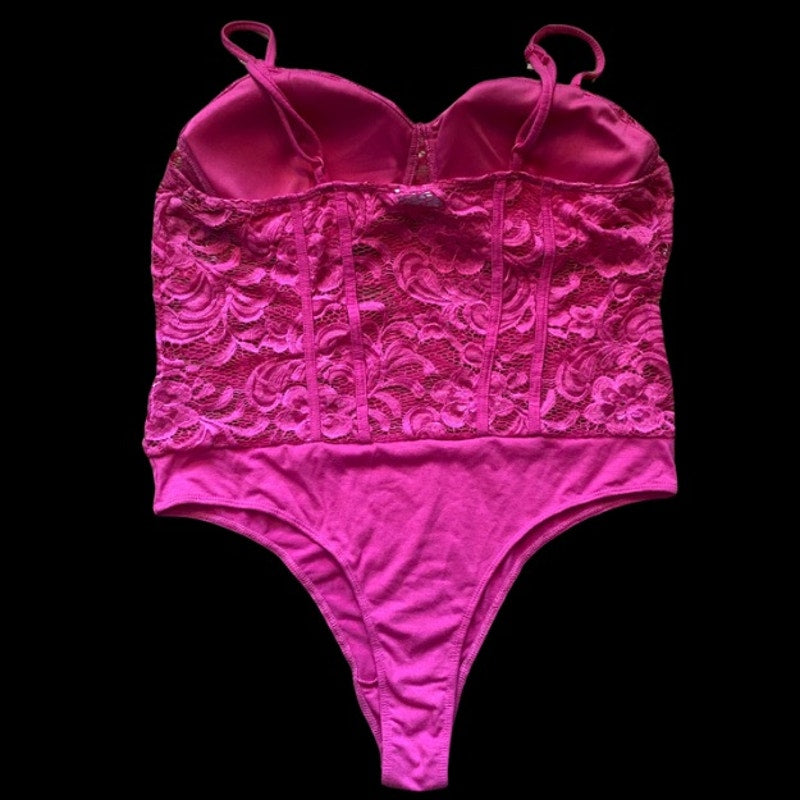 Hot Pink Lace Spaghetti Strap Bustier Bodysuit  (XL)
