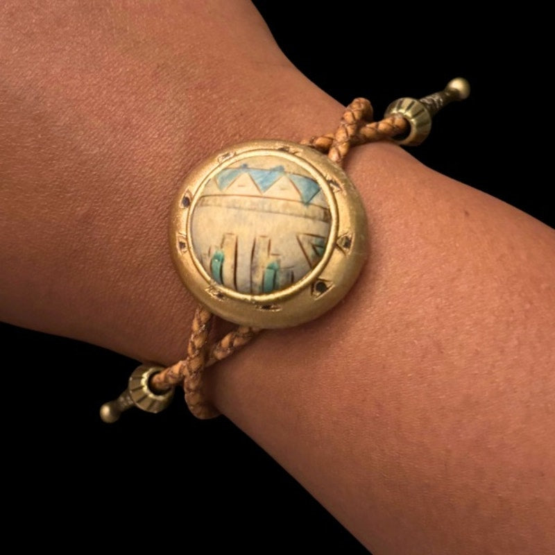 Upcycled Vintage Gold, Blue, and White Southwestern Style Disc Bolo Bracelet