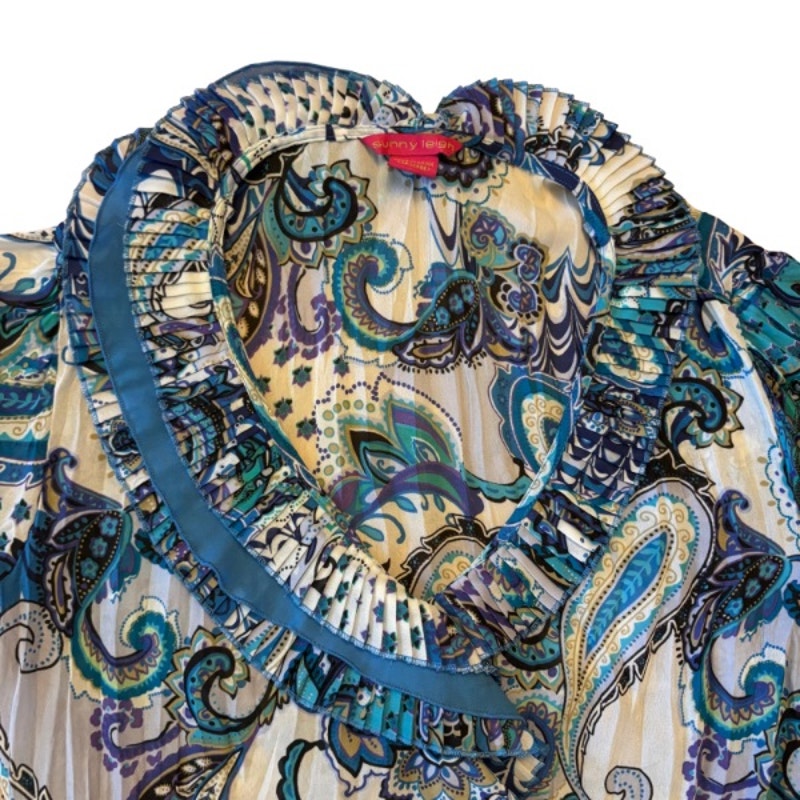 Y2K Sheer Blue Paisley Ruffle Collar Short Sleeve Wrap Top (L)