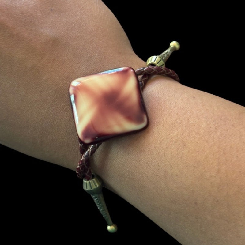 Upcycled Vintage Burgundy Cream Pinwheel Swirl Diamond Bolo Bracelet