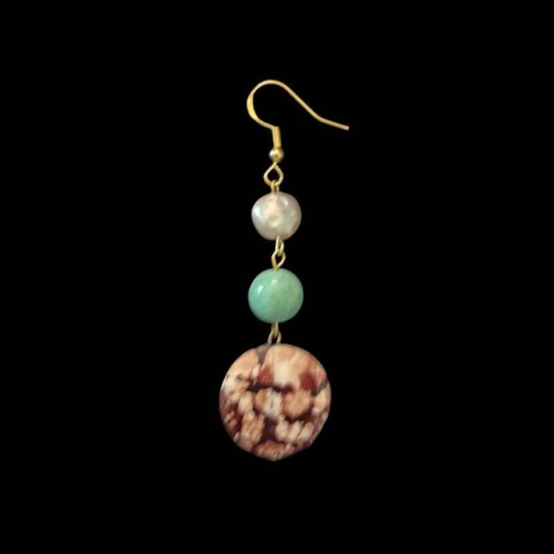 Baroque-Inspired Costume Pearl, Turquoise, & Brown Jasper Shell Bead Drop Earrings