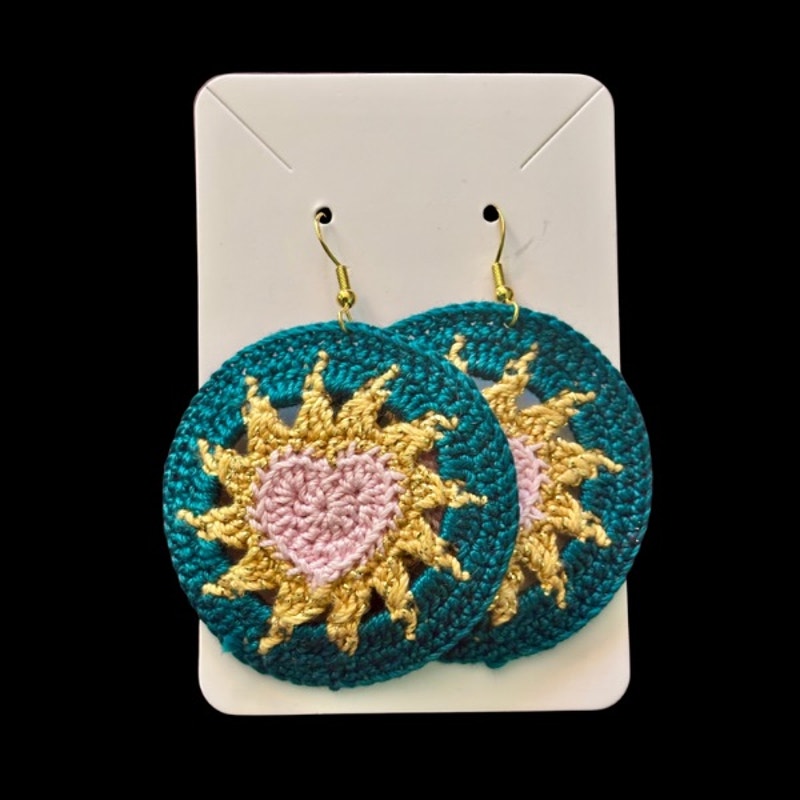 Pink, Gold, & Teal Hearts on Fire Micro-crocheted Disc Earrings