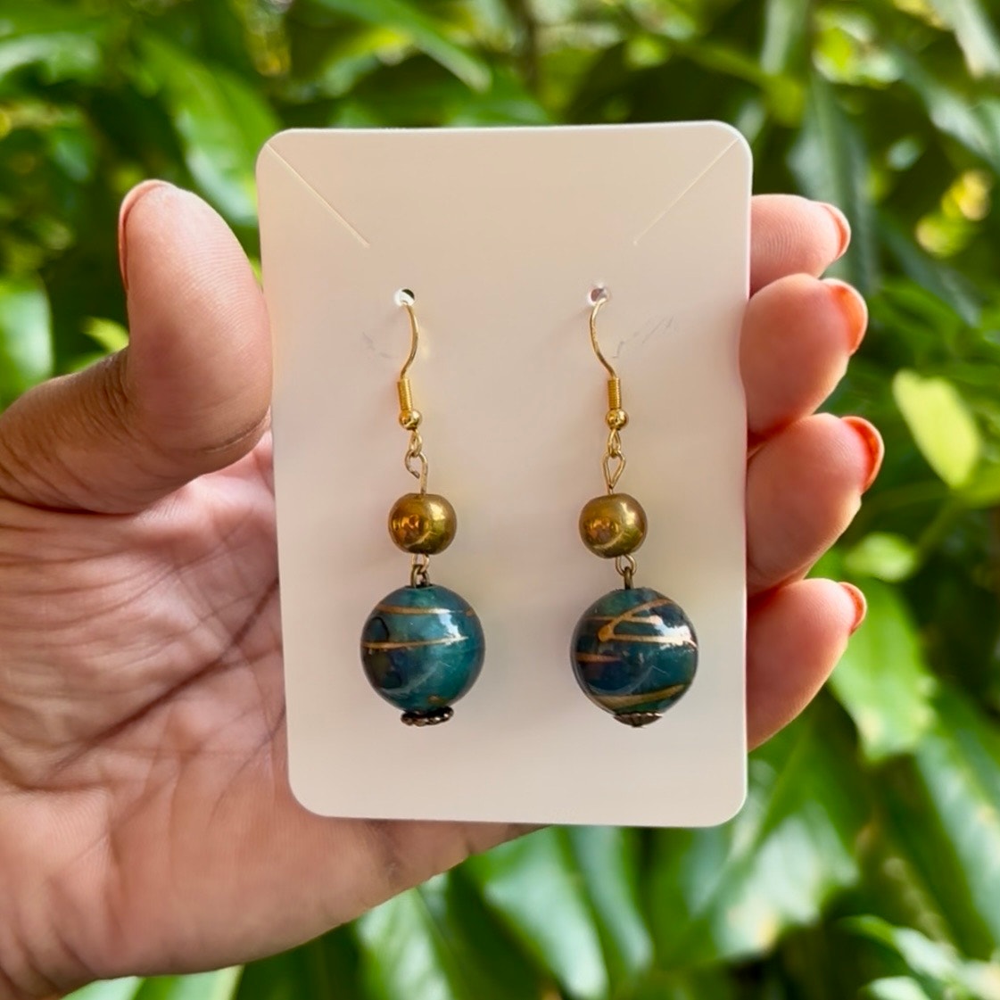 Baroque-inspired Gold and Marbled Green Beaded Drop Earrings