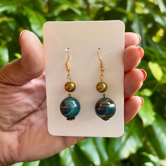 Baroque-inspired Gold and Marbled Green Beaded Drop Earrings