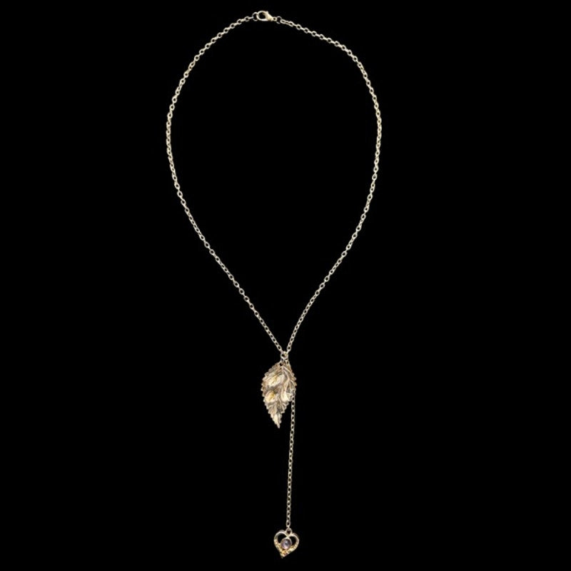 Vintage White Gold Toned Leaf & Faux Amethyst Heart Charm Layered Drop Pendant Necklace