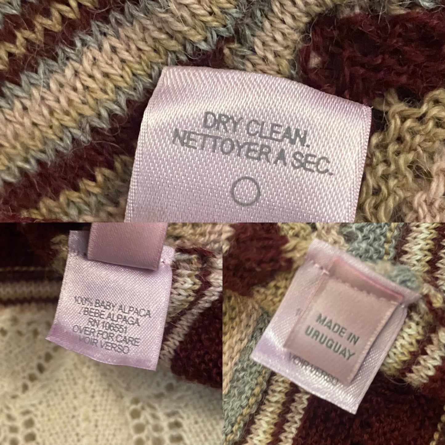 NWT V-Neck Pink/ Burgundy/ Cream/ Striped Baby Alpaca Wool Knit Ruffle Hem Dress (M)