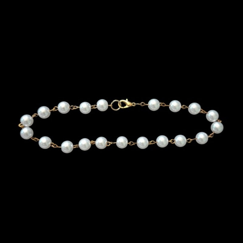 Bronzed Gold & White Pearl Beaded Chain Anklet (XL)