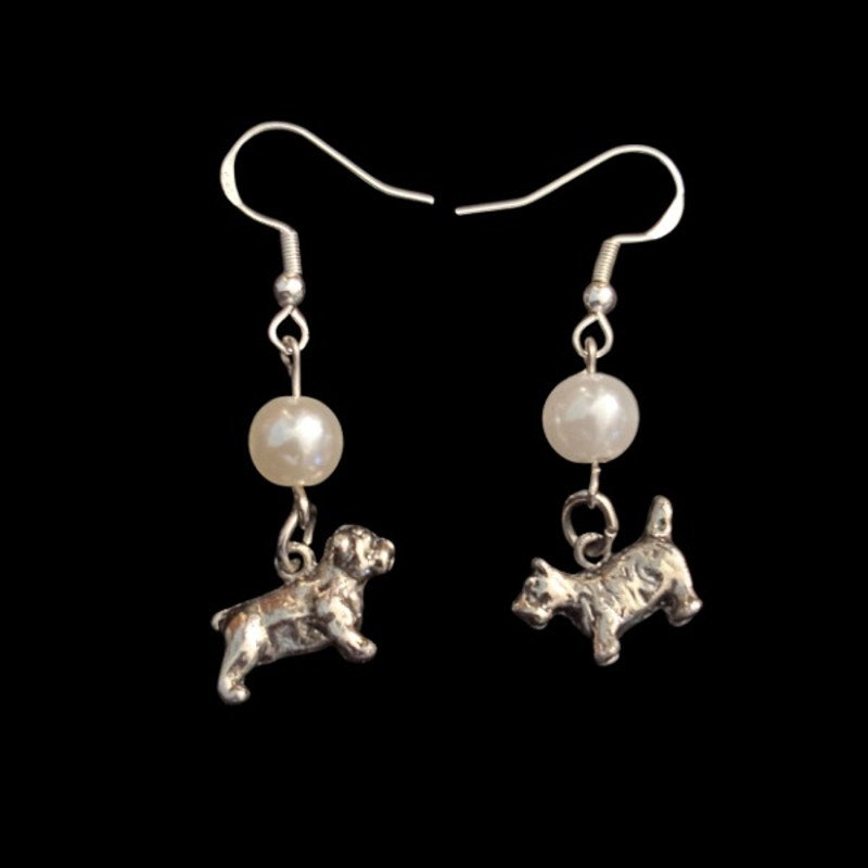 Pearl Bead & Vintage Sterling Silver Terrier and Bulldog Charm Drop Earrings