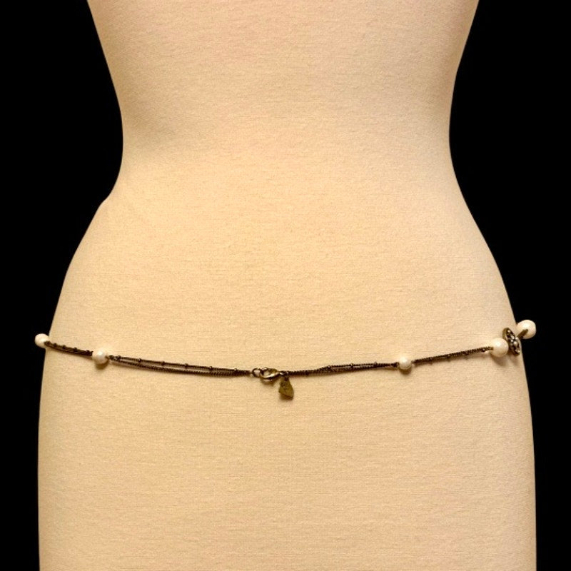 Vintage Bronze-tone Costume Pearl Bead & Rhinestone Studded Chain Necklace/ Belt (35”)