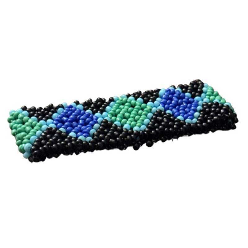 Vintage Black, Blue, and Green Diamond Pattern Seed Bead Stretch Bracelet