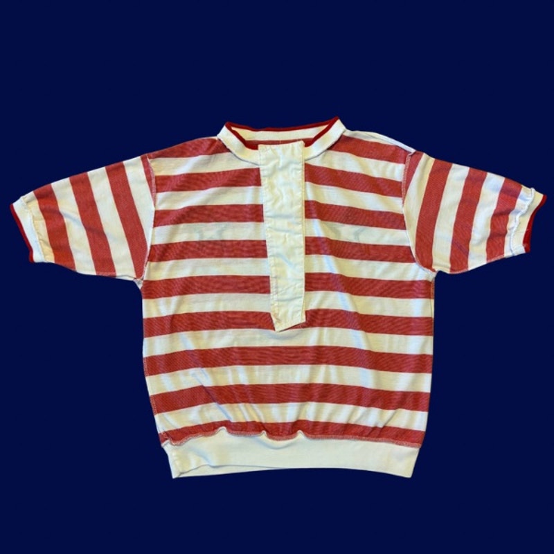 Vintage Navy Star Patch Red and White Rugby Striped Quarter Sleeve Ribbed Hem Button Down Shirt (M)