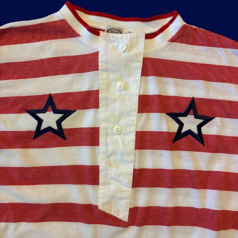 Vintage Navy Star Patch Red and White Rugby Striped Quarter Sleeve Ribbed Hem Button Down Shirt (M)
