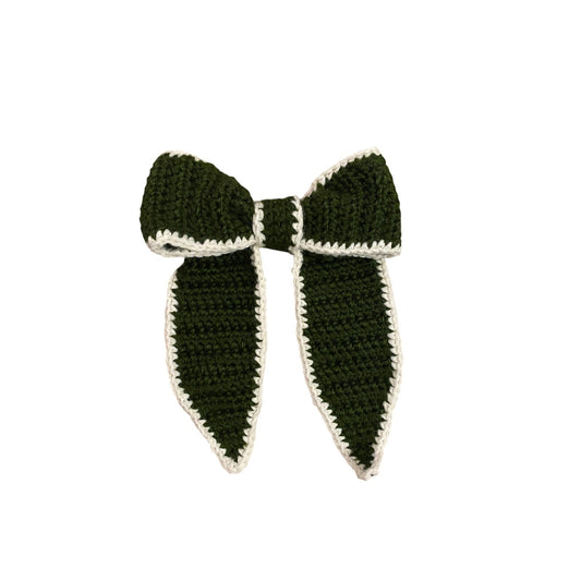 Forest Green Crochet Bow with Cream Trim - Handmade Accessory with Removable Clip