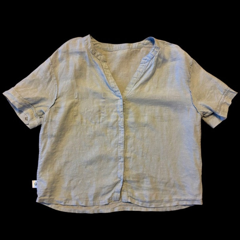 Vintage Sun & Moon Patch Sky Blue Linen Button Down Short Sleeve Shirt (Large)