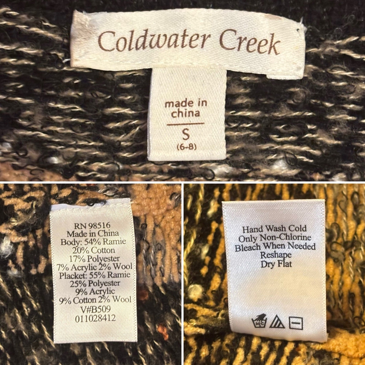 Y2K Black & Brown Fair Isle Knit Short-sleeve Wooden Button Cardigan (6-8)