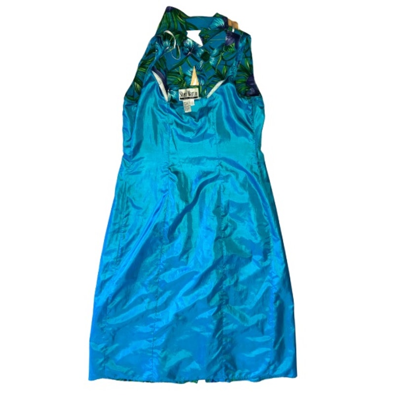 Vintage Blue & Purple Hibiscus Floral Print Sleeveless Button Down A-Line Tea Length Dress (M)