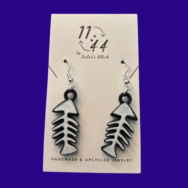Black and White Handpainted Y2K Fish Skeleton Charm Earrings