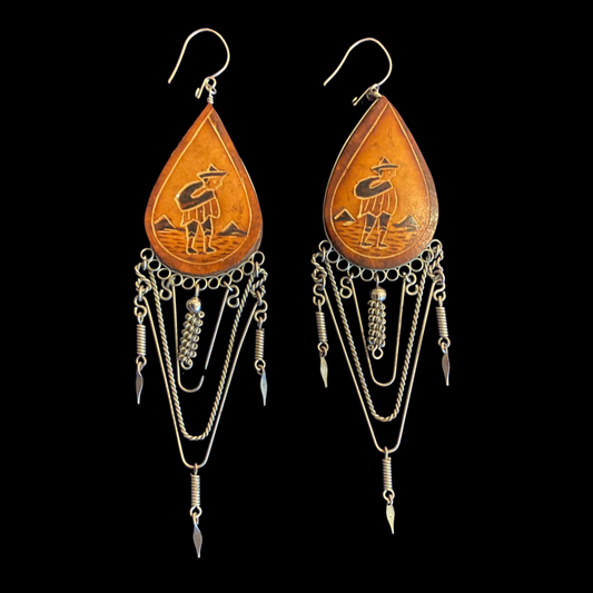 Vintage Wood & Metal Traveler Drop Earrings