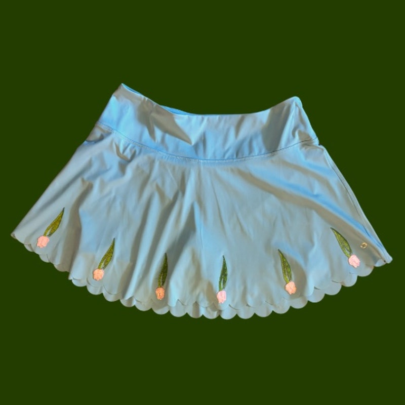 Vintage Pink Tulip Patch Baby Blue Scallop Hem Activewear Skort (L)
