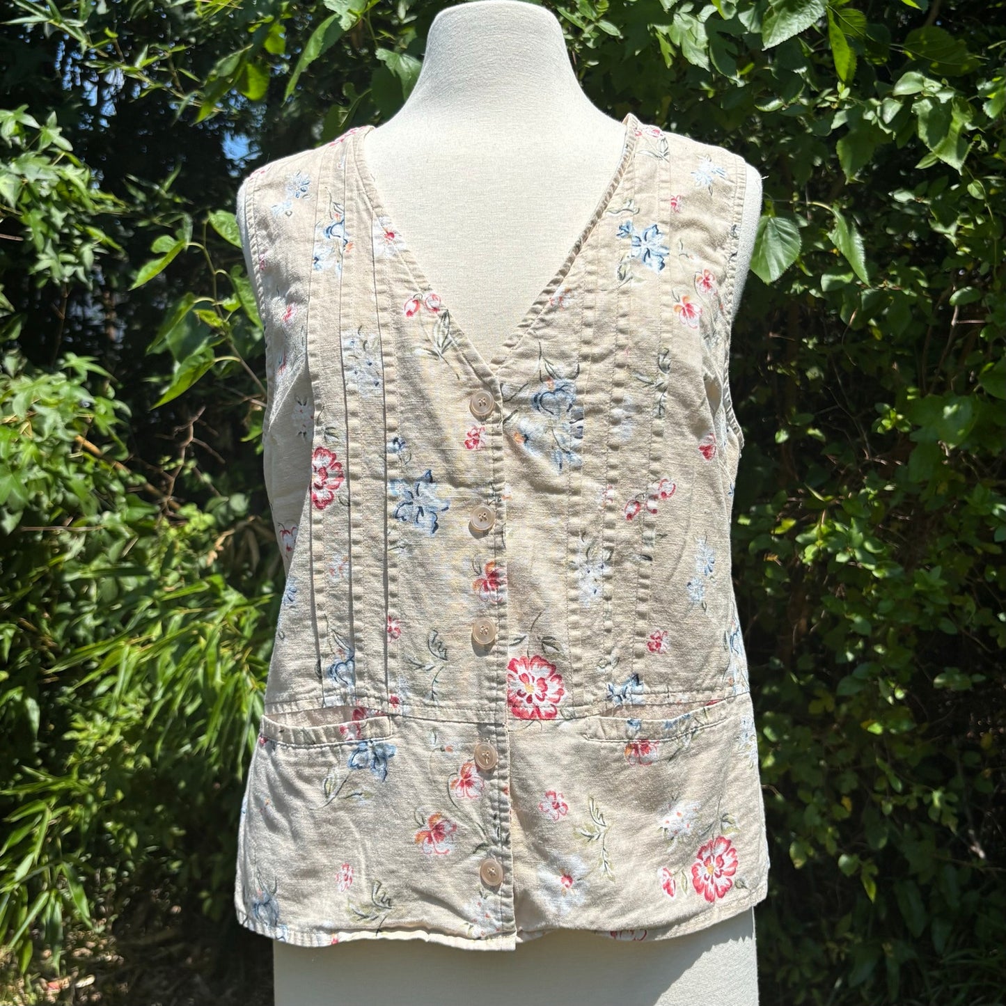 Y2K Beige & Pink Floral Pattern Button Down Vest Top