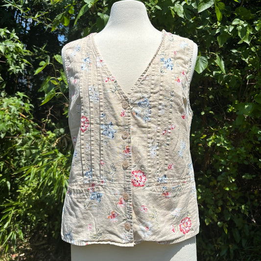 Y2K Beige & Pink Floral Pattern Button Down Vest Top
