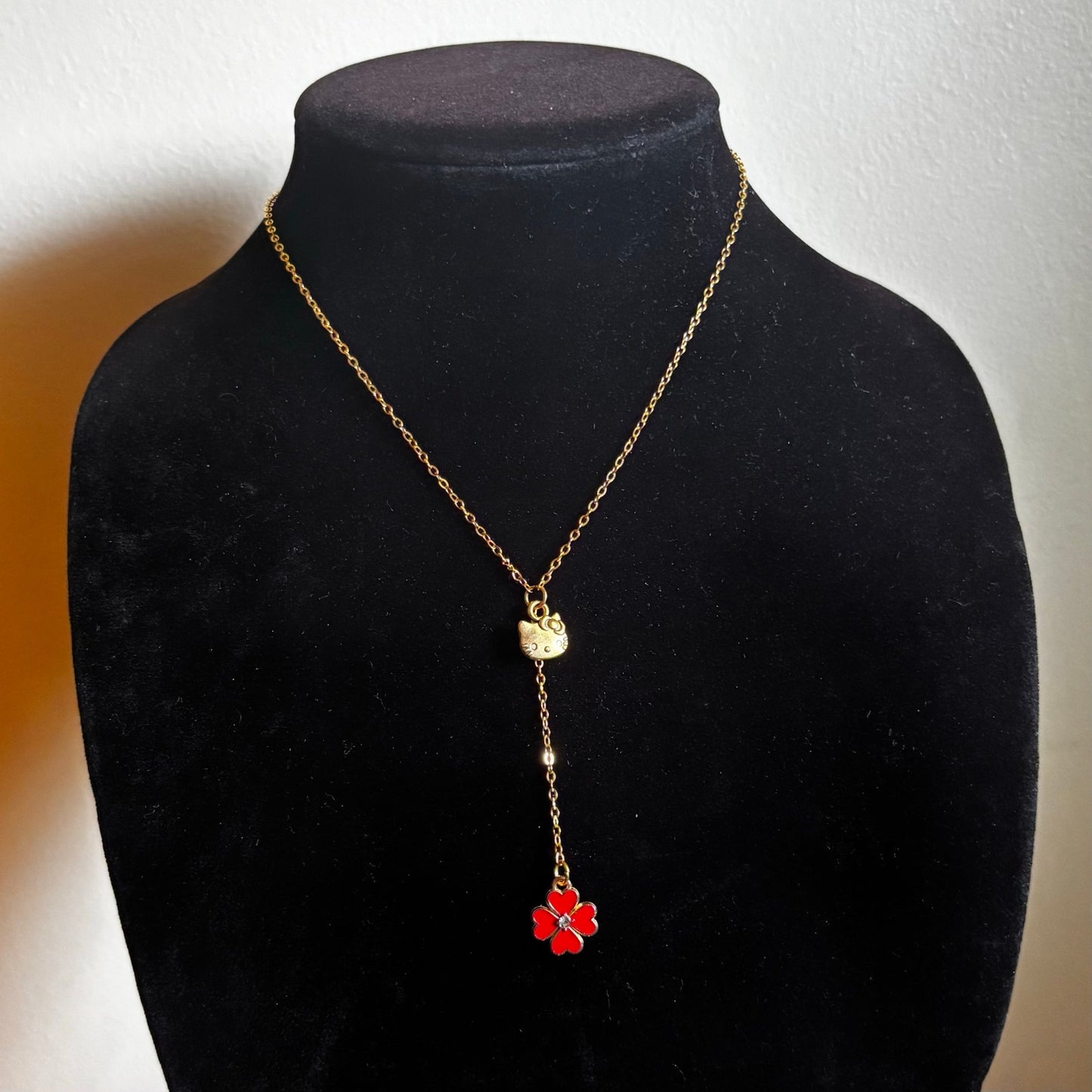 Gold Hello Kitty & Red Four Leaf Clover Charm Layered Drop Pendant Necklace