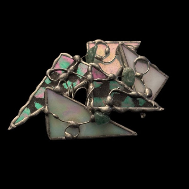 Vintage Abstract Art Deco Green/ White/ Black Stained Glass Mother of Pearl Spiral Coil Crystal Chip Silver Brooch