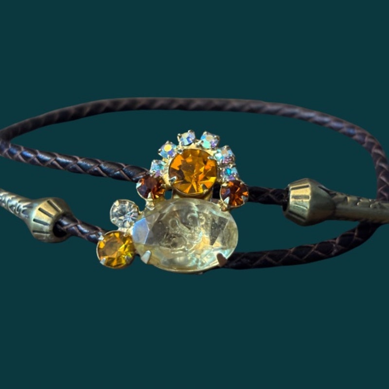 Upcycled Vintage Abstract Mock Yellow Orange Topaz Rhinestone Cluster Bolo Bracelet