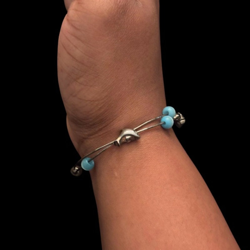 Vintage Silver Dolphin & Aquamarine Bead Wire Cuff Bracelet