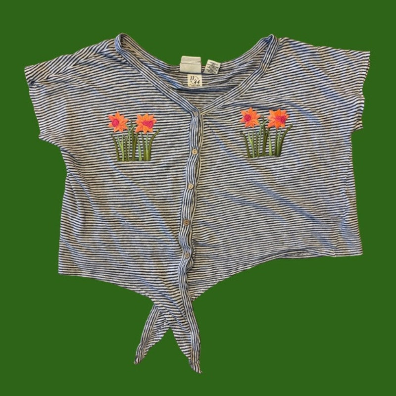 Vintage Daffodil Patch Blue and White Striped Button Down Tie Front Linen Crop Top (M/L)