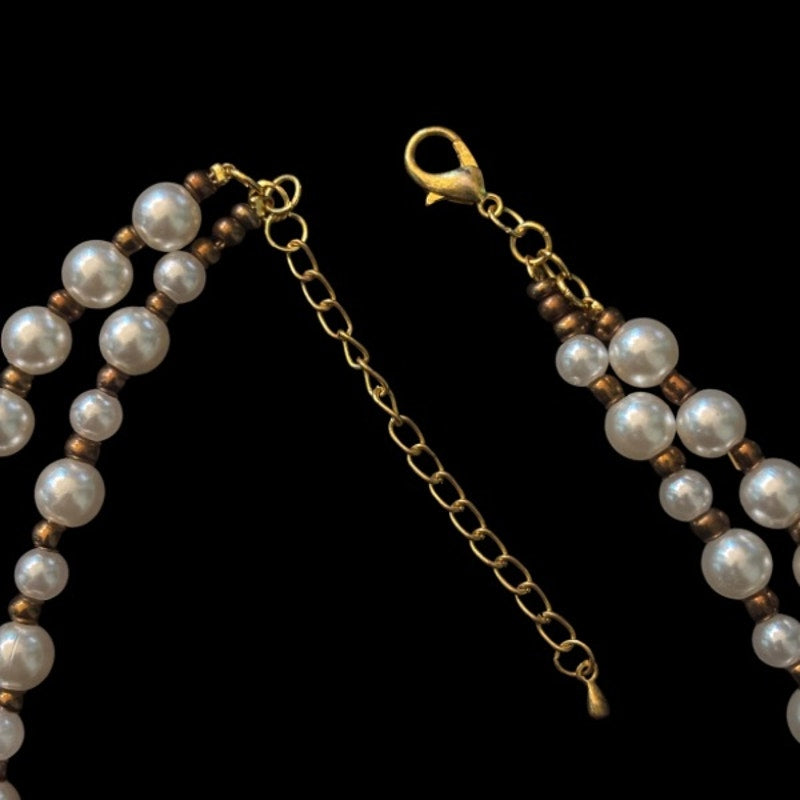Double Strand Pearl Necklace with Square Vintage Costume Oval Amber, Sapphire & Clear Rhinestone Studded Bronze Pendant