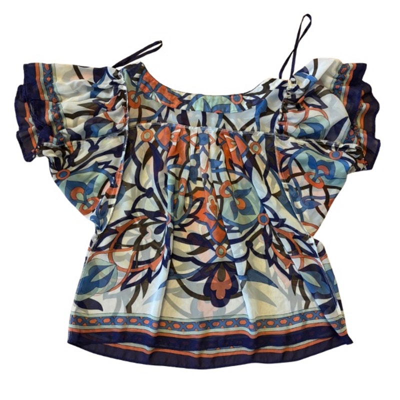 Sheer Orange/ Purple/ White Floral Print Short Sleeve Peasant Babydoll Top (L)