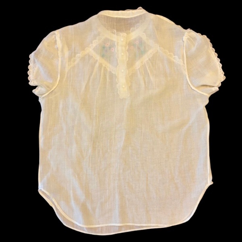Vintage Sheer Pastel Yellow Floral Embroidered Lace Collar Short Sleeve Blouse (S-M)