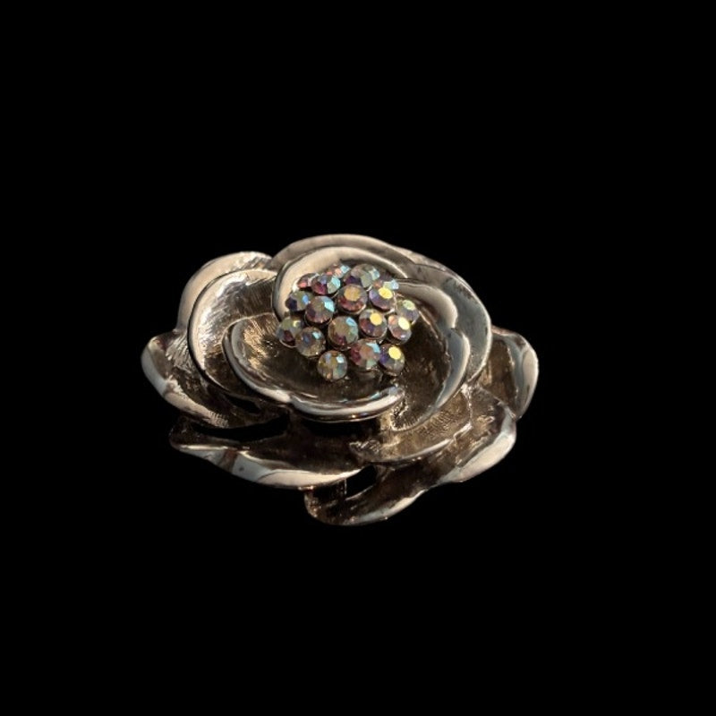 Vintage AB Rhinestone Silver Toned Rose Pendant/ Brooch