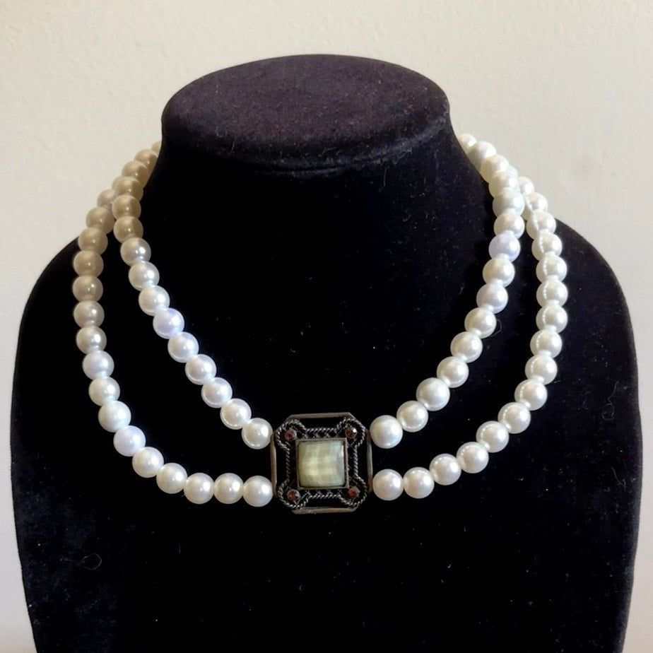 Double Strand Pearl Necklace with Square Vintage Costume Jade & Amber Rhinestone Studded Bronze Pendant