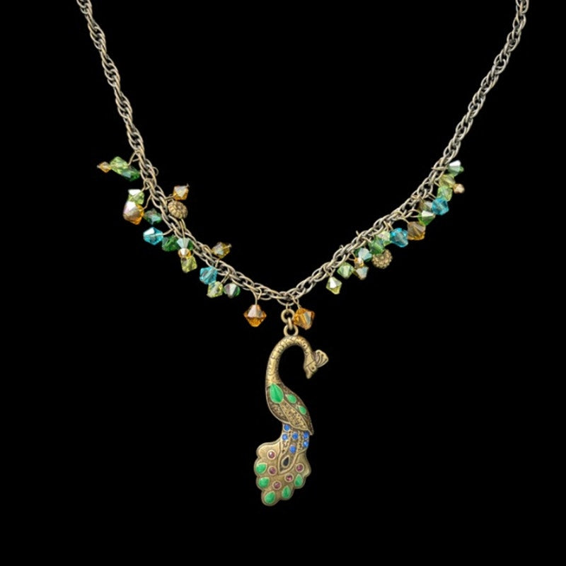 Vintage Bronze Rhinestone Studded Peacock Pendant Beaded Necklace