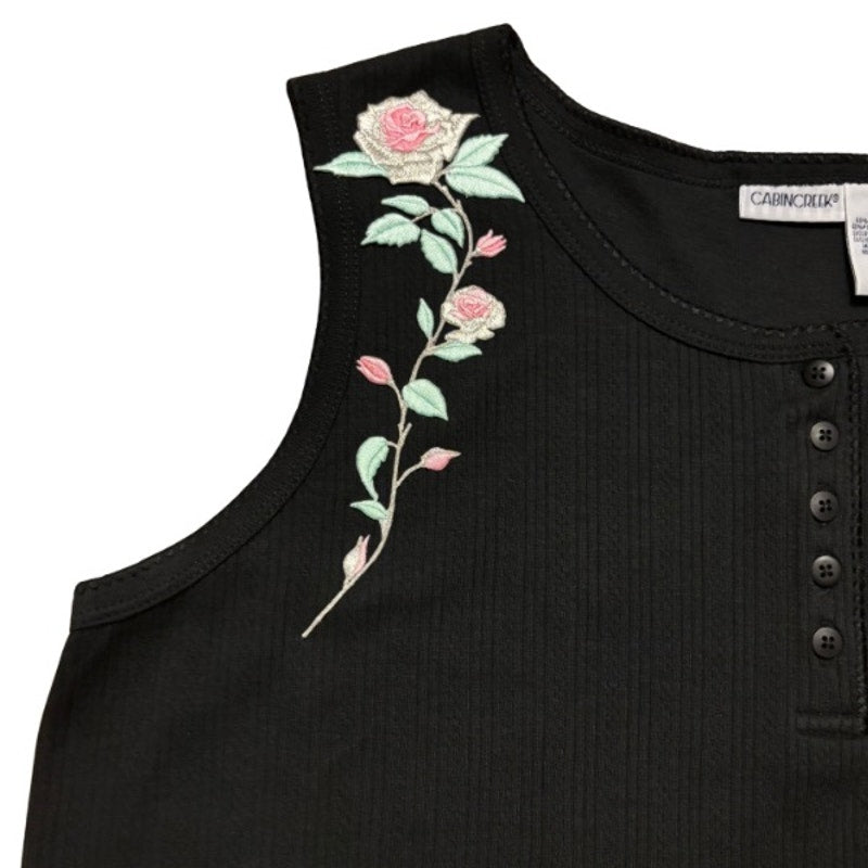 Vintage Metallic Silver Pink Rose Stem Patch Black Ribbed Quarter Button Down Sleeveless Shirt (Large)