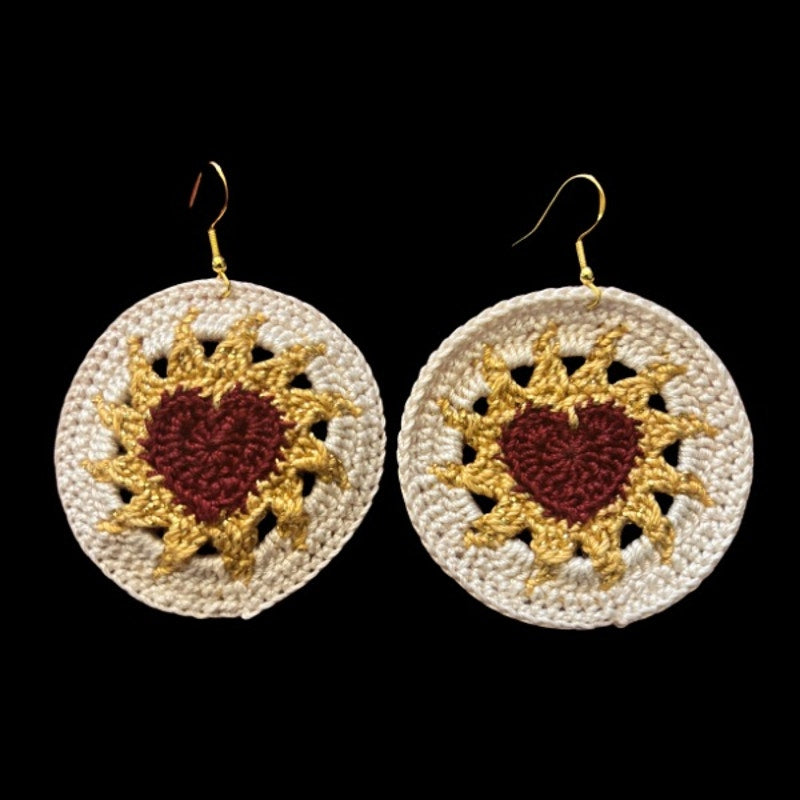 Burgundy, Gold, & Cream Hearts on Fire Micro-crocheted Disc Earrings