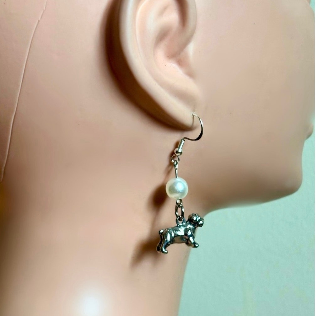 Pearl Bead & Vintage Sterling Silver Terrier and Bulldog Charm Drop Earrings