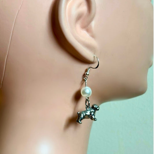 Pearl Bead & Vintage Sterling Silver Terrier and Bulldog Charm Drop Earrings