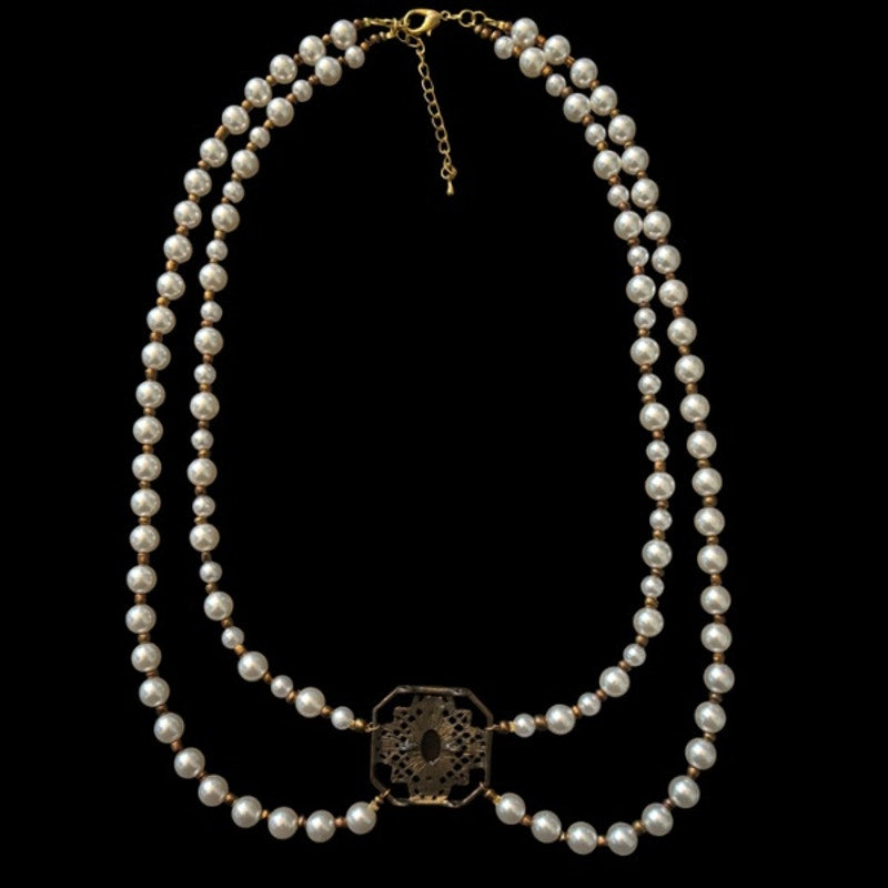 Double Strand Pearl Necklace with Square Vintage Costume Oval Amber, Sapphire & Clear Rhinestone Studded Bronze Pendant