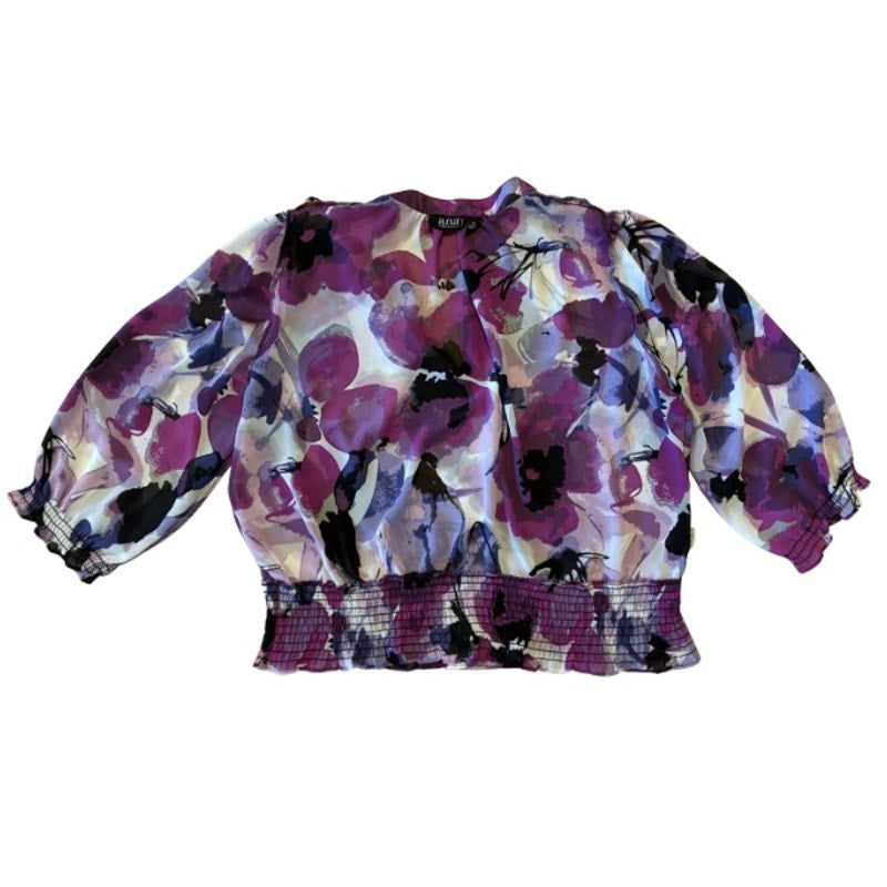 Sheer Purple Poppies Floral 1/2 Sleeve Cropped Peasant Blouse (PL)