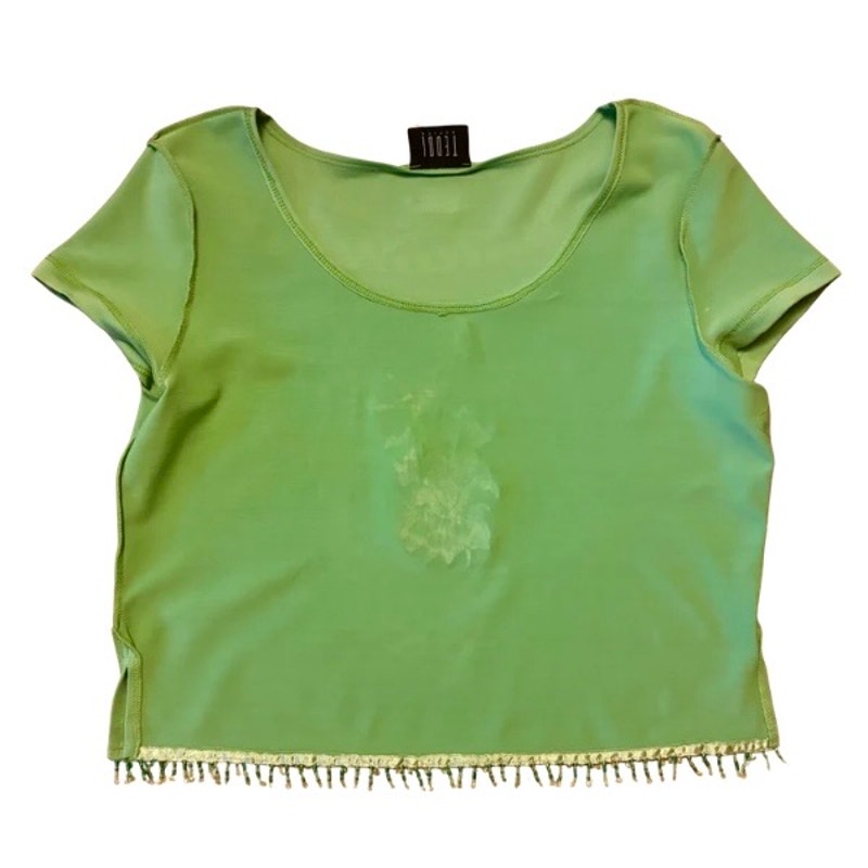 Vintage Embroidered Pink & Green Hummingbird Patch Beaded Fringe Hem Crop Top (Large)
