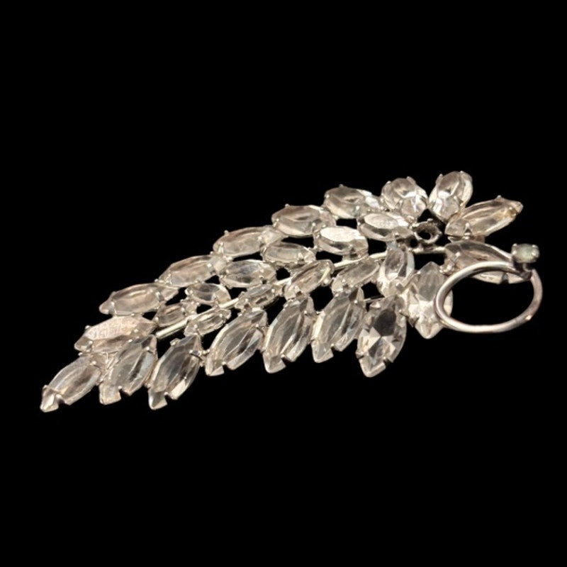 Vintage Clear Rhinestone Sterling Silver Leaf Brooch
