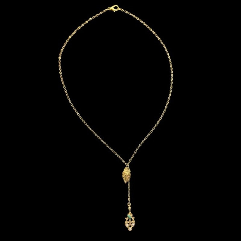 Gold-Toned Leaf & White/Green/Gold Filigree Charm Layered Drop Pendant Choker Necklace