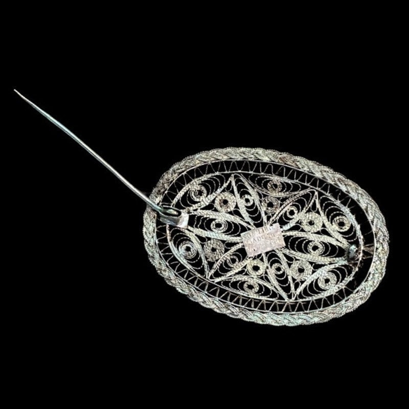 Vintage Palestinian Sterling Silver Oval Openwork Floral Filigree Brooch