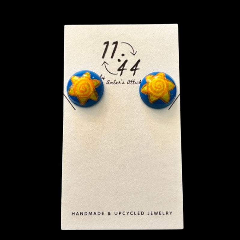 Handpainted Vintage Swirly Yellow Sun Stud Earrings